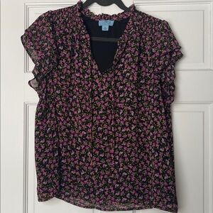 CeCe Flutter Sleeve Tie-Beck Blouse with Pink Floral Design